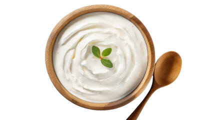 Greek yogurt in wooden bowl isolated on transparent background.