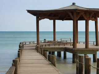 Wooden pier on the beach at beautiful sunset in the evening