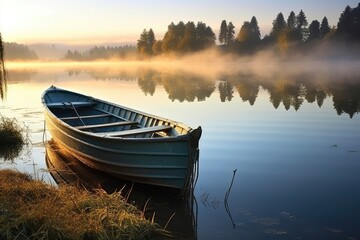 Obraz premium Small Boat Resting on Calm Lake Waters in Serene Natural Landscape, copy space