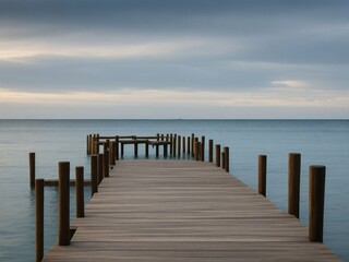 Wooden pier on the beach at beautiful sunset in the evening