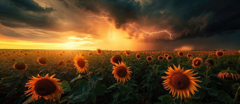 Sunflowers being used by the food and technical industries. Beautiful flowers amidst a stormy sunset. Thunderstorm and lightning.