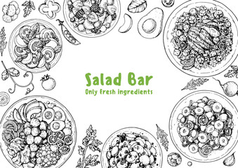 Hand drawn salads. Food top view vector illustration. Healthy eating. Salads collection. Food menu design template. Hand drawn sketch.