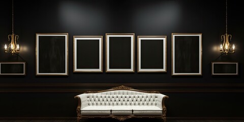 Art fair gallery featuring antique frames on a black wall, with blank white space for mockup design.