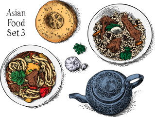Drawing of lot of asian food 3