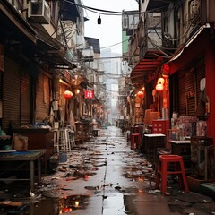 A wet and dirty alleyway in a Chinese city with traditional architecture