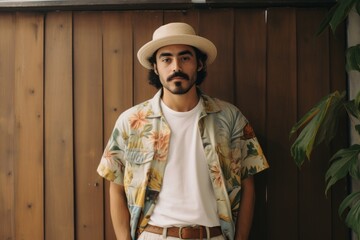 Handsome young man in a summer shirt and hat standing against a wooden wall