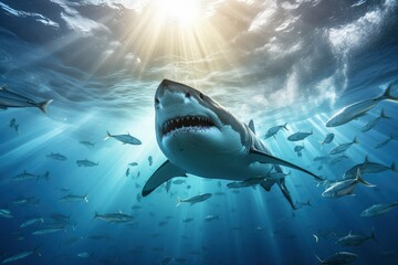 Majestic Great White Shark Gliding Through the Open Ocean Waters - obrazy, fototapety, plakaty