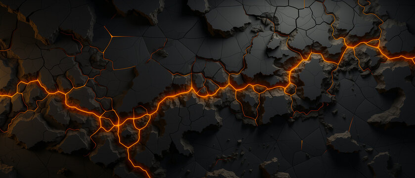 Abstract topographic pattern in charcoal and black . Ancient rock and sand formations with glowing lava fissures. Graphic resource background and wallpaper.