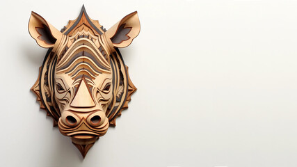 An Rhino Head Wood Carving Mounted on a Solid White Background With Copy Space
