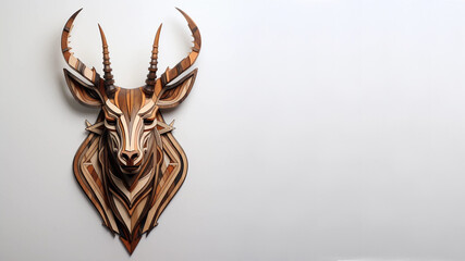 An Antelope Head Wood Carving Mounted on a Solid White Background With Copy Space