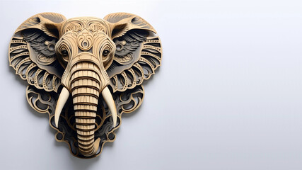 An Elephant Head Wood Carving Mounted on a Solid White Background With Copy Space