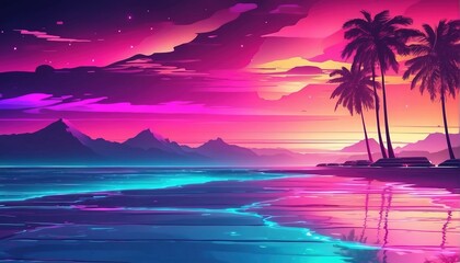 Aesthetic beach synthwave retrowave wallpaper with a cool and vibrant neon design - obrazy, fototapety, plakaty