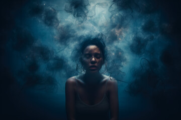 Multiple Exposure Portrait of a Sad Woman Suffering from Depression In a Dark Room. Mental Illness and Headache Concept. 