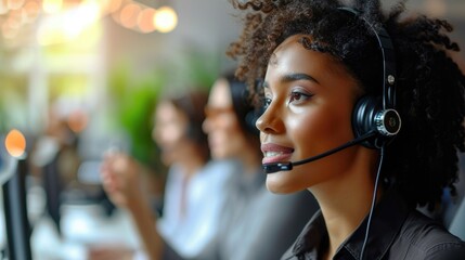 A woman wearing a headset in a call center, positive and energetic call center operator.