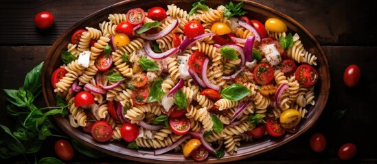 Obraz na płótnie Canvas Pasta salad with tomatoes, pepper, onion, and more