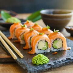 Salmon sushi rolls with wasabi realistic photo image.  Sushi with chopsticks and small bowl on the background. Fresh sushi with chopsticks and small bowl on natural stone tray.