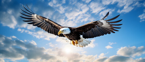 Obraz premium a bald eagle soaring through the sky with its wings spread out and wings spread wide open, with a blue sky and white clouds behind it
