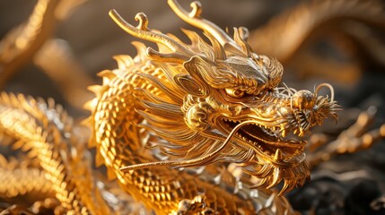 3D rendering close up scale body of golden chinese dragon with lighting dramatic.    