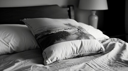 a close up of a pillow on a bed with a black and white photo of the pillow on top of the pillow.  