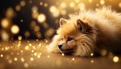 Dog gold on decoration with soft focus light and bokeh background