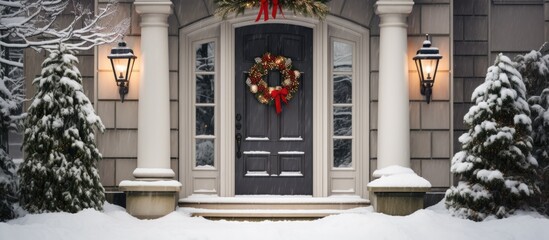 House door with holiday wreath and snowy bushes