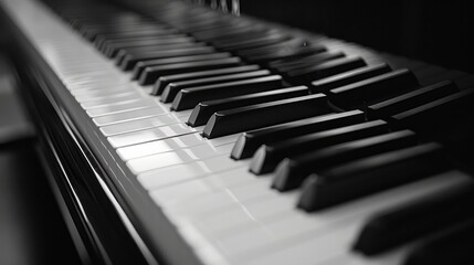 A detailed and intimate shot of a piano's keys, showcasing their design and beauty in a monochromatic setting.   