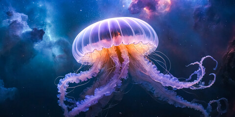 Fototapeta premium a colossal, translucent jellyfish-like creature drifting gracefully through vibrant nebulae. ai generative