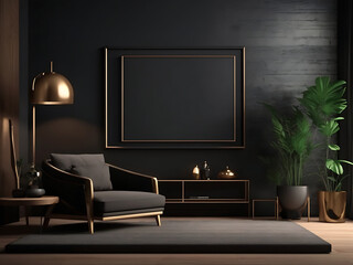 Frame mockup in modern dark home interior background designs, 3d rendering