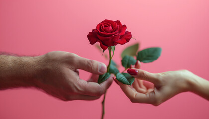 A man's hand giving a rose to a woman. On a pink background. Valentine day concept.