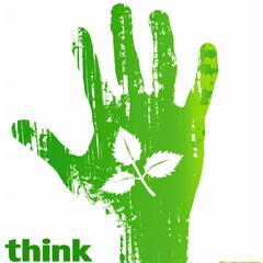 A green hand with a leaf on it and text think