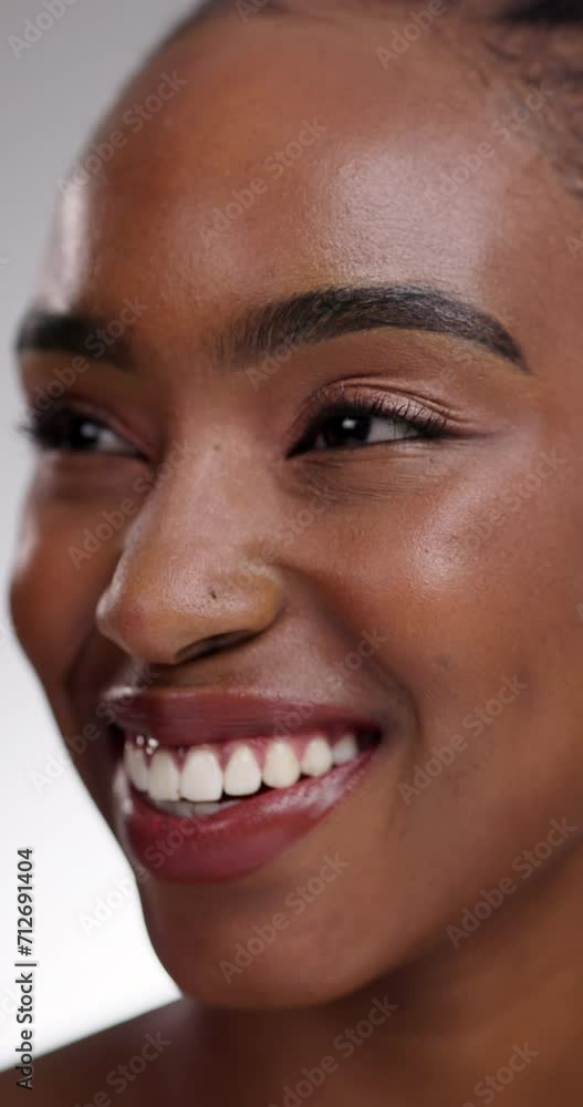 Sticker Black woman, teeth and dental hygiene in skincare or cosmetics on a gray studio background. Closeup of African female person, face and smile for tooth whitening, mouth or oral and gum care treatment