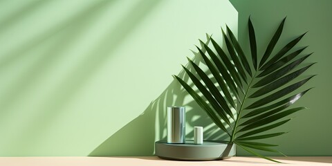 Minimal scene depicting a geometric form on a pastel green backdrop with palm leaf shadow. Intended for showcasing cosmetic products. Display case.