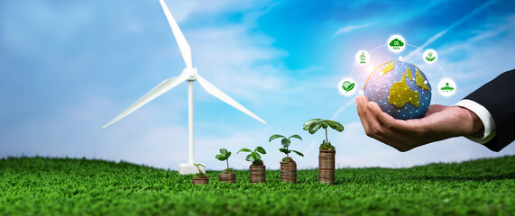 Seedling tree plant growing money or coin stack with businessman invest in eco friendly technology....