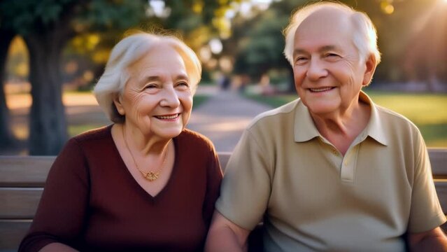 generate AI old couple smiling happily in a beautiful light moment, concept of being together forever