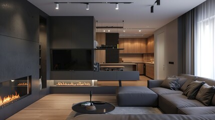 Modern apartment with sleek design and fireplace. Suitable for real estate, architecture, and lifestyle features