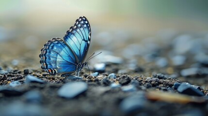 Fototapeta na wymiar close up blue butterfly on ground 