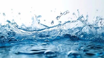 Close up blue Water splash with bubbles on white background     