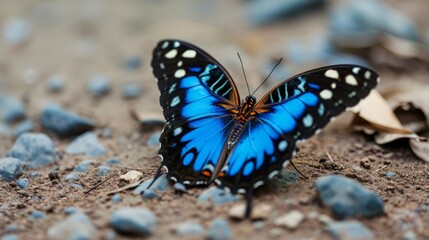 Fototapeta na wymiar close up blue butterfly on ground 