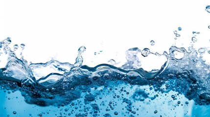 Close up blue Water splash with bubbles on white background    