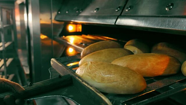 Freshly Baked Loaves in Industrial Oven, Golden loaves of bread baking in a commercial oven
