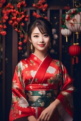 Beautiful young japanesse Asian woman wearing traditional kimono dress