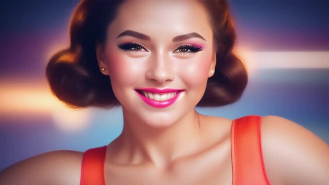 AI video clip of a beautiful woman smiling happily on a summer vacation. Close Up shot.