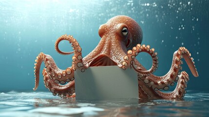 Cute pink octopus 3d cartoon with blank sign in his tentacles underwater - obrazy, fototapety, plakaty