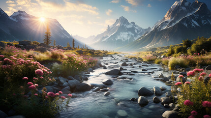 panorama of tall rocky mountains covered in white smoke, under the mountain flowing clear and fresh rivers, on the banks of the river there are many colorful flowers , light sun morning , Generate AI - obrazy, fototapety, plakaty