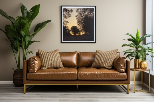 A leather couch in a living room with a picture of trees and a sunset on the wall
