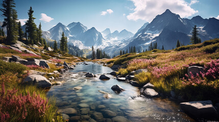panorama of tall rocky mountains covered in white smoke, under the mountain flowing clear and fresh rivers, on the banks of the river there are many colorful flowers , light sun morning , Generate AI - obrazy, fototapety, plakaty