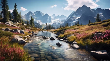 Foto op Canvas panorama of tall rocky mountains covered in white smoke, under the mountain flowing clear and fresh rivers, on the banks of the river there are many colorful flowers , light sun morning , Generate AI © VinaAmeliaGRPHIC