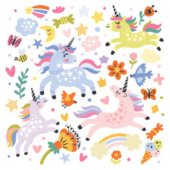 Happy unicorns set vector illustration