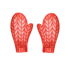Watercolor red knitting mittens