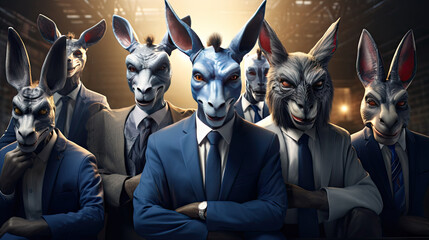 Photo of weird incognito guys wear evil donkey masks in suits cross hands prepare